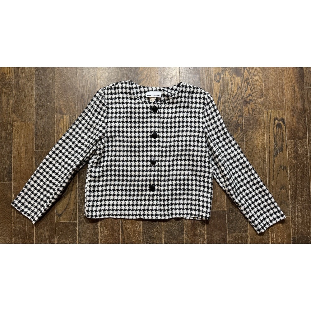 Toni Todd Blazer Women's Size 12‎ Short Black White Checkered 4 Button Front VTG